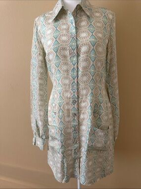 To the Max Mint and Cream Geometric Button-Front Long Sleeve Dress Silk Size 6